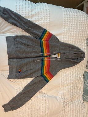 Aviator Nation Gray Zip Hoodie with Rainbow Stripe